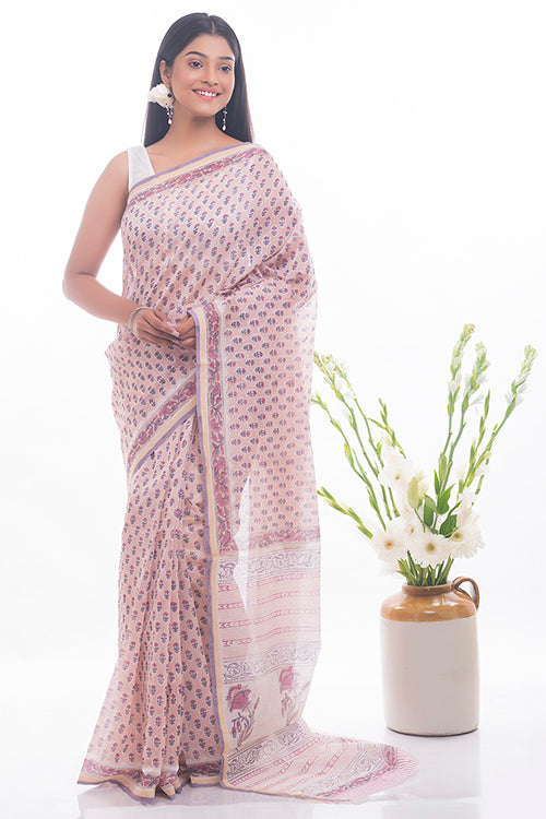 TICH Summer Florals. Sanganeri Block Printed Chanderi Saree - Pink Flora