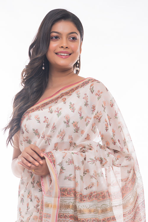 Orange Flora Sanganeri Block Printed Chanderi Saree Online