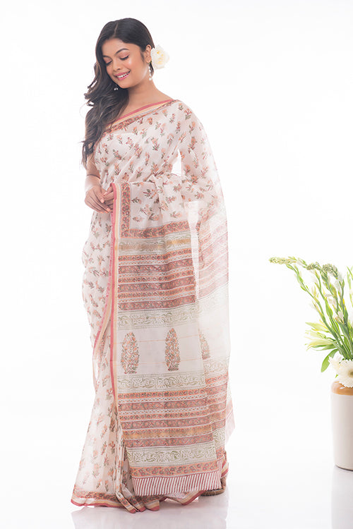 Orange Flora Sanganeri Block Printed Chanderi Saree Online