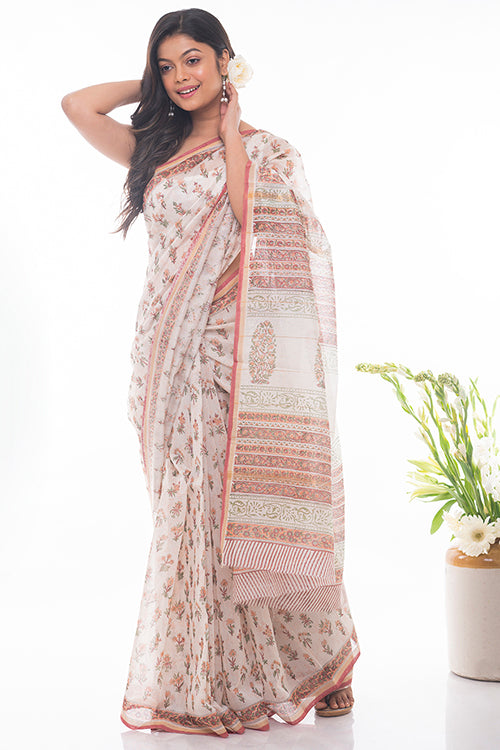 TICH Summer Florals. Sanganeri Block Printed Chanderi Saree - Orange Flora