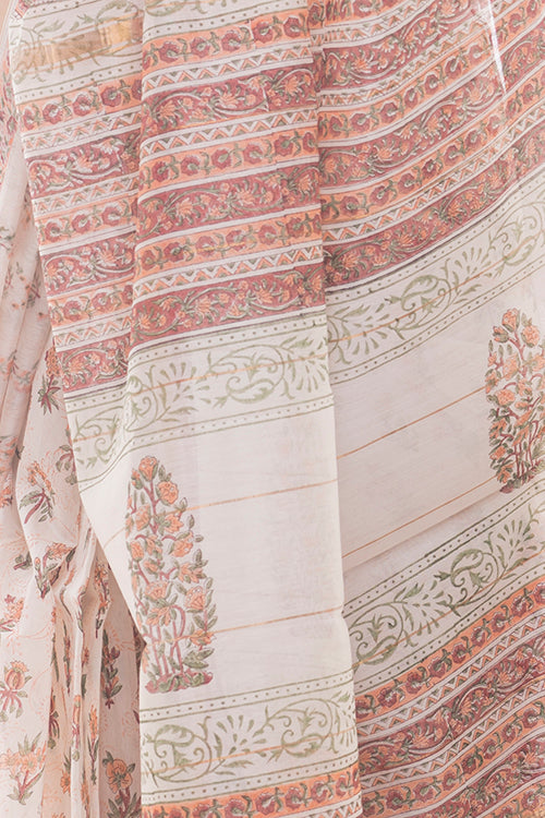 TICH Summer Florals. Sanganeri Block Printed Chanderi Saree - Orange Flora