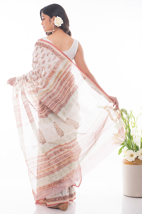 TICH Summer Florals. Sanganeri Block Printed Chanderi Saree - Orange Flora