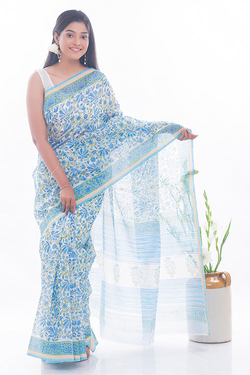 TICH Summer Florals. Sanganeri Block Printed Chanderi Saree - Blue Flora