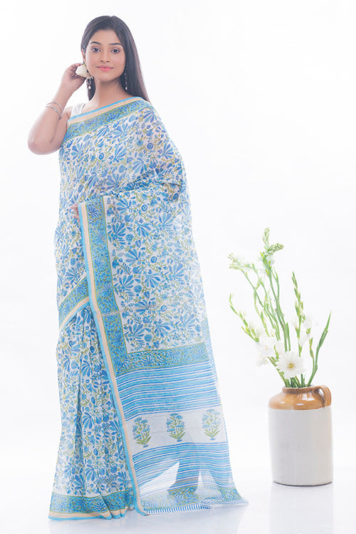 Blue Flora Sanganeri Block Printed Chanderi Saree Online