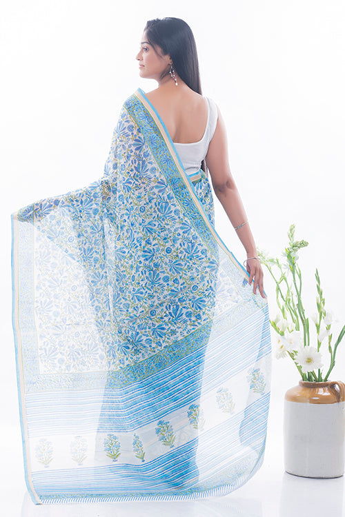 TICH Summer Florals. Sanganeri Block Printed Chanderi Saree - Blue Flora