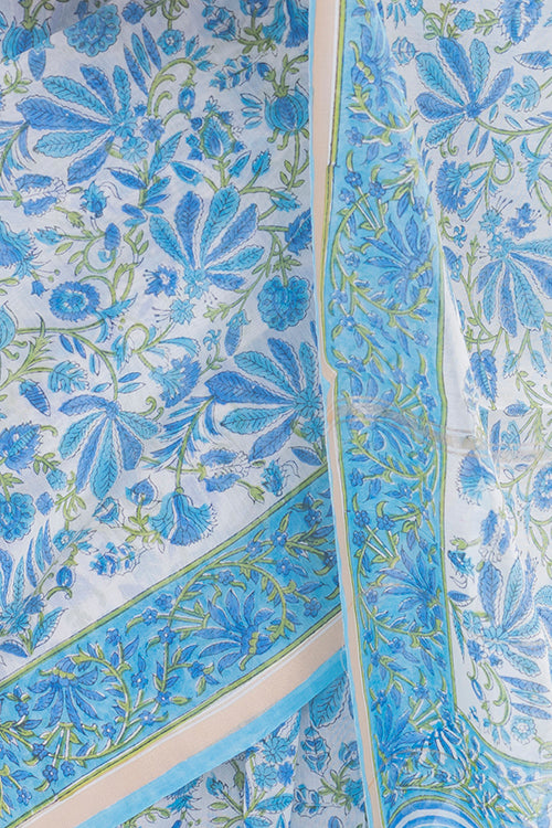 Blue Flora Sanganeri Block Printed Chanderi Saree Online
