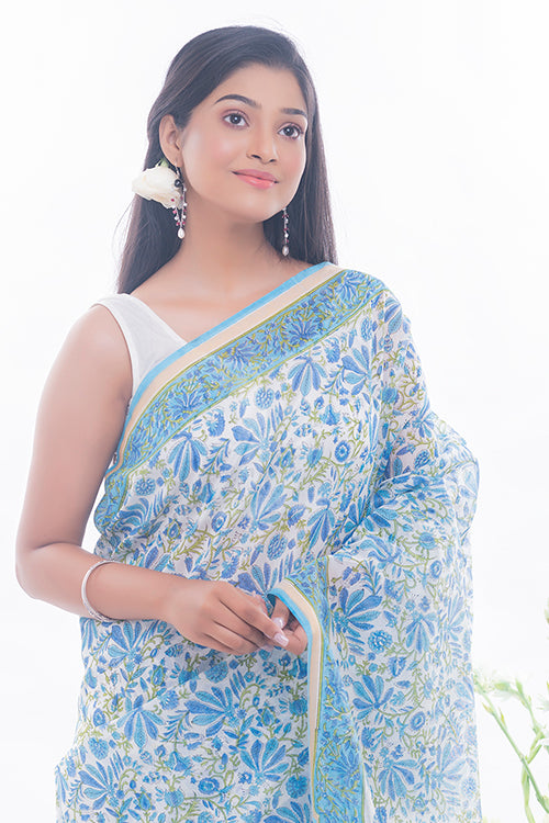 TICH Summer Florals. Sanganeri Block Printed Chanderi Saree - Blue Flora