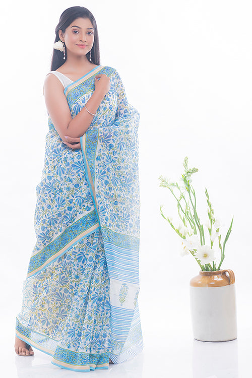 TICH Summer Florals. Sanganeri Block Printed Chanderi Saree - Blue Flora