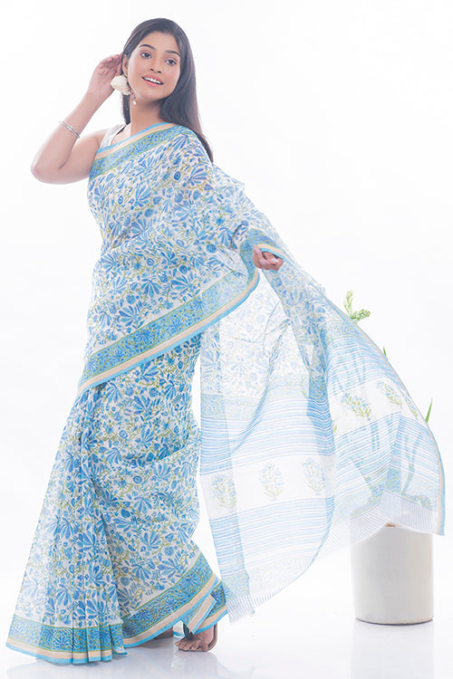 TICH Summer Florals. Sanganeri Block Printed Chanderi Saree - Blue Flora