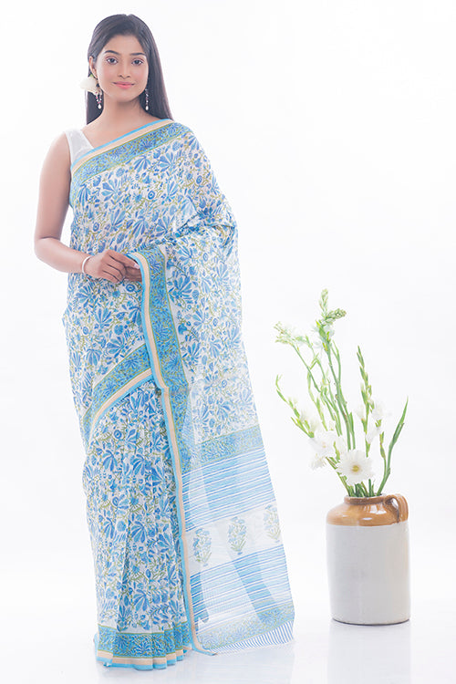 TICH Summer Florals. Sanganeri Block Printed Chanderi Saree - Blue Flora