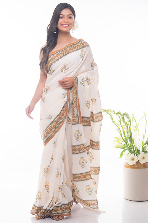 TICH Summer Moods. Sanganeri Mulmul Cotton Saree - Yellow Floral