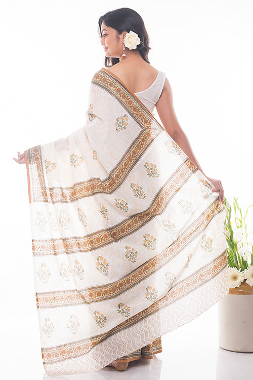 TICH Summer Moods. Sanganeri Mulmul Cotton Saree - Yellow Floral