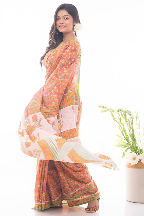 TICH Summer Moods. Sanganeri Mulmul Cotton Saree - Yellow Flora