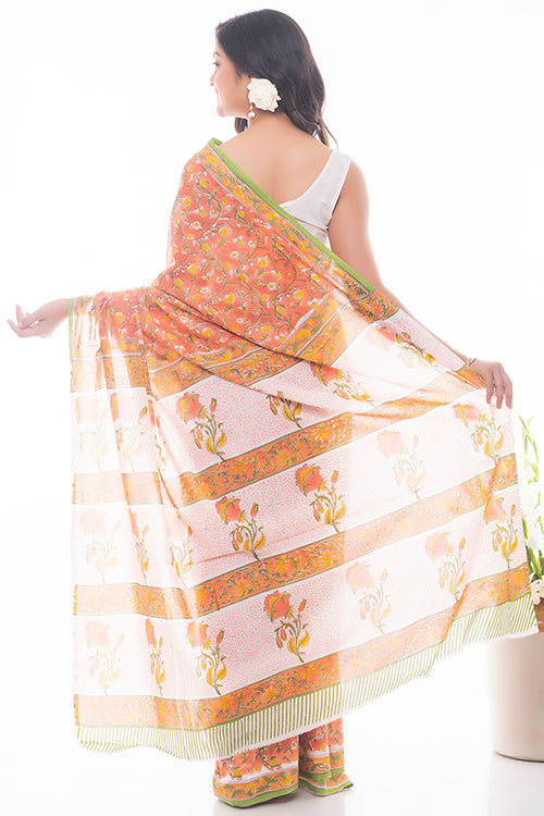 TICH Summer Moods. Sanganeri Mulmul Cotton Saree - Yellow Flora
