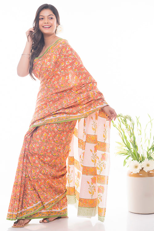 TICH Summer Moods. Sanganeri Mulmul Cotton Saree - Yellow Flora