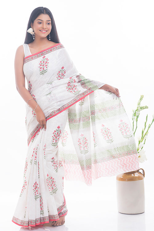 TICH Summer Moods. Sanganeri Mulmul Cotton Saree - Pink Flora