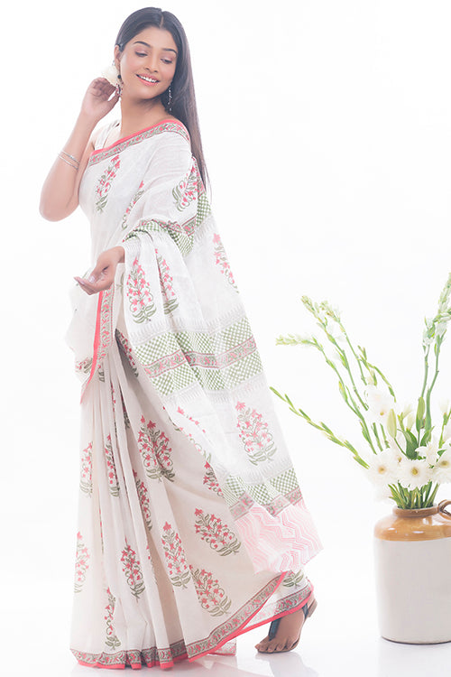 TICH Summer Moods. Sanganeri Mulmul Cotton Saree - Pink Flora