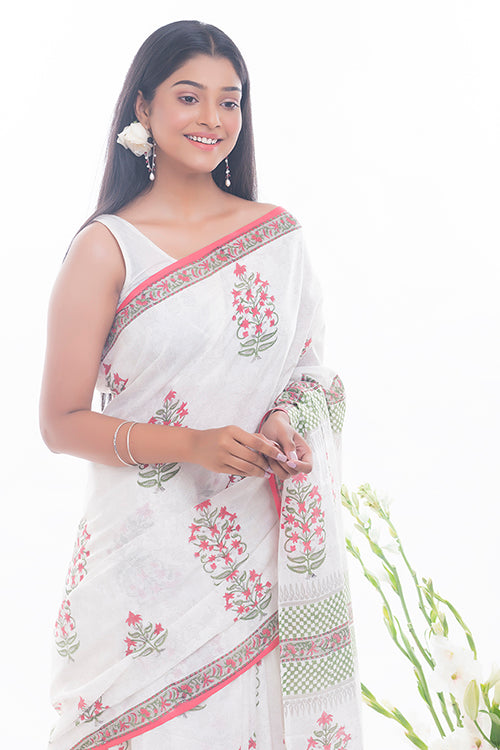 TICH Summer Moods. Sanganeri Mulmul Cotton Saree - Pink Flora