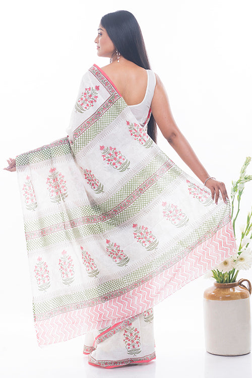 TICH Summer Moods. Sanganeri Mulmul Cotton Saree - Pink Flora
