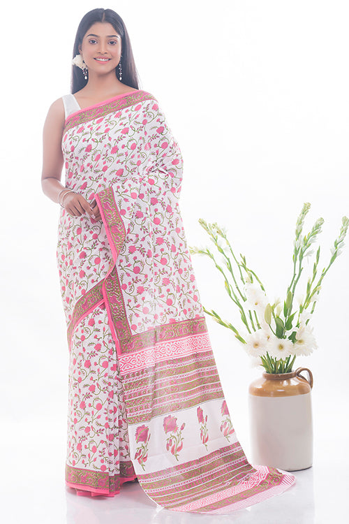 TICH Summer Moods. Sanganeri Mulmul Cotton Saree - Pink Flowers
