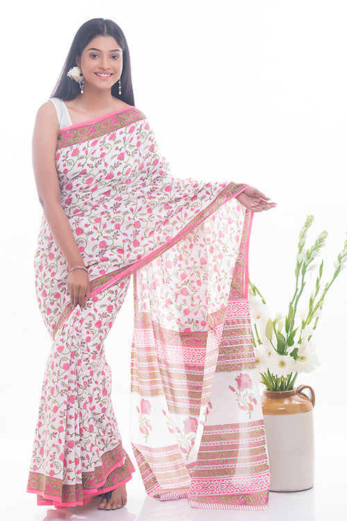 TICH Summer Moods. Sanganeri Mulmul Cotton Saree - Pink Flowers