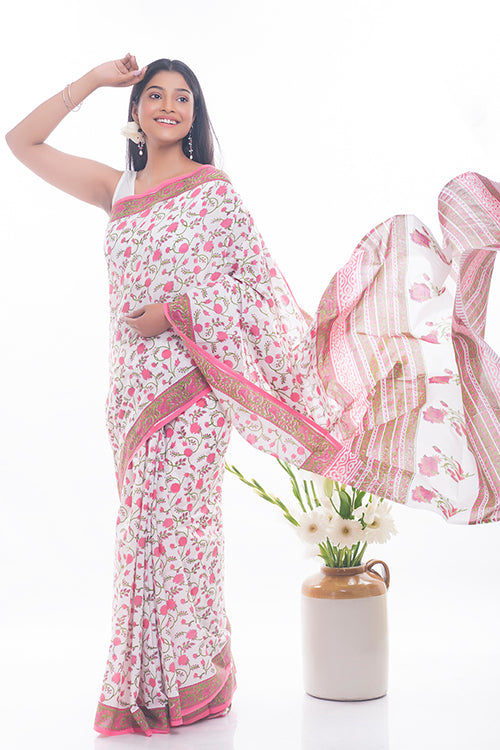 TICH Summer Moods. Sanganeri Mulmul Cotton Saree - Pink Flowers