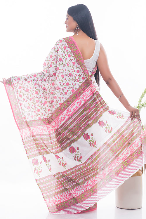 TICH Summer Moods. Sanganeri Mulmul Cotton Saree - Pink Flowers