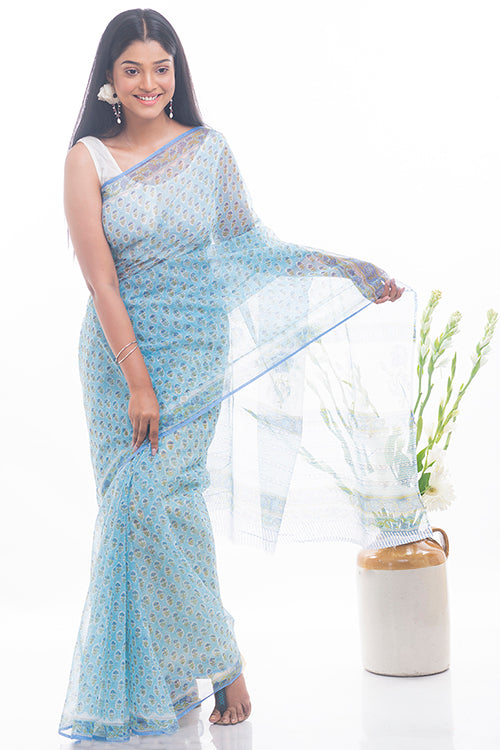 TICH Light & Breezy. Sanganeri Kota Doria Saree - Soft Blue Flora