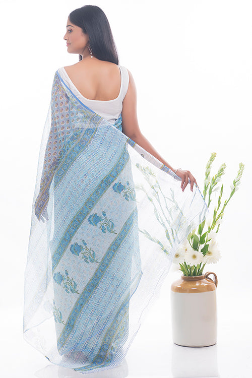 TICH Light & Breezy. Sanganeri Kota Doria Saree - Soft Blue Flora