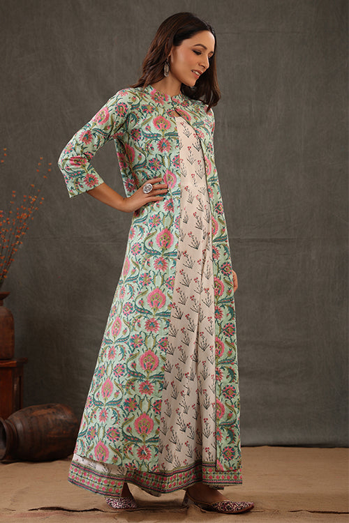Shuddhi Mint Green Block Printed Double Layered Dress Okhaistore Shuddhi Mint Green Block Printed Double Layered Dress Okhaistore