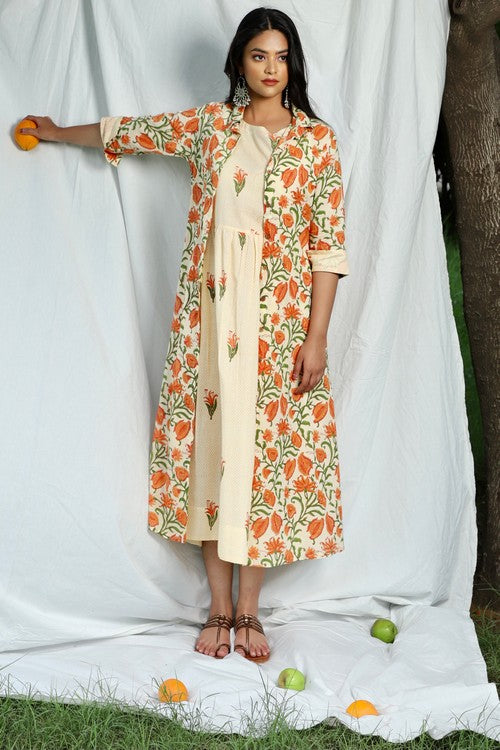Shuddhi Tulip print double dress with sleeveless dress.