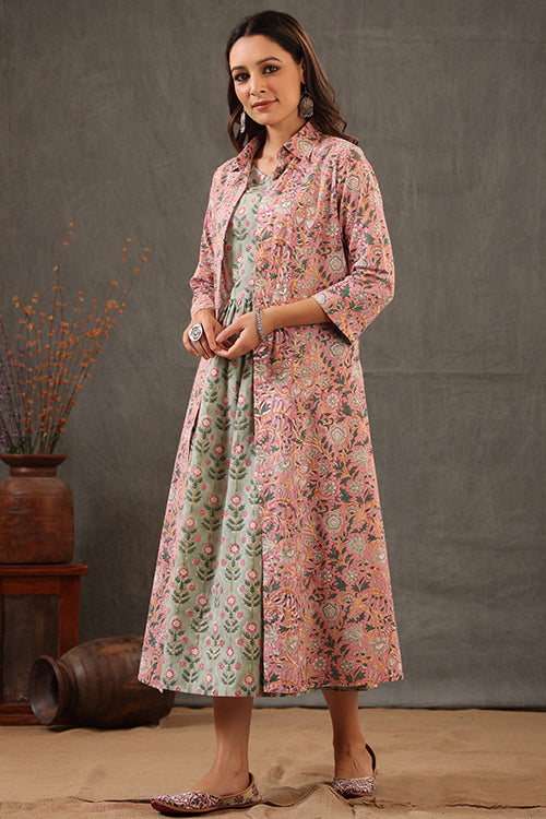 Shuddhi Salmon Pink With Mint Green Double Layered Dress