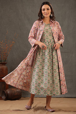 Shuddhi Salmon Pink & Mint Green Cotton Double Layered Dress For Women 