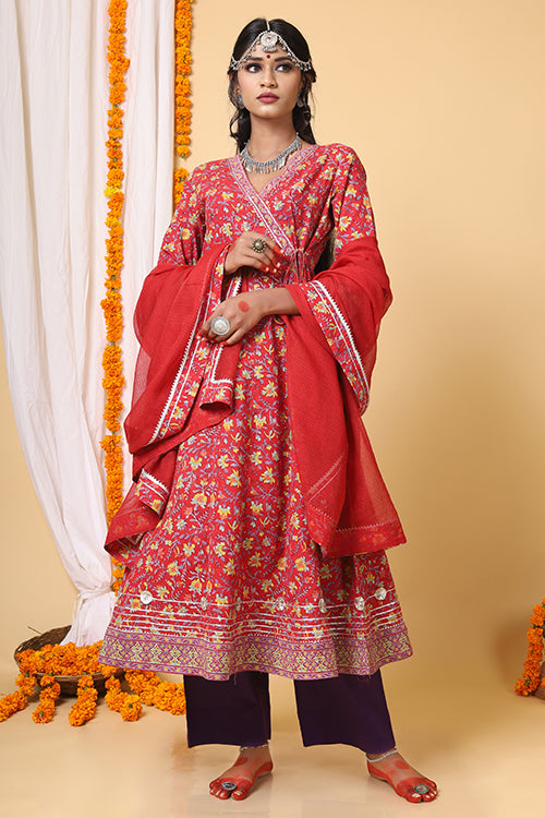 Red and Yellow Handblock Printed Cotton Anarkali Kurta For Women Online