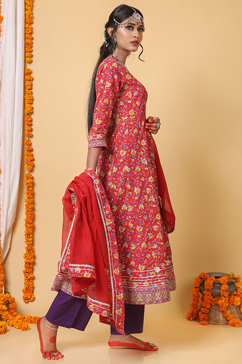 Shuddhi Red and Yellow Handblock Printed Anarkali with Kota Duppatta