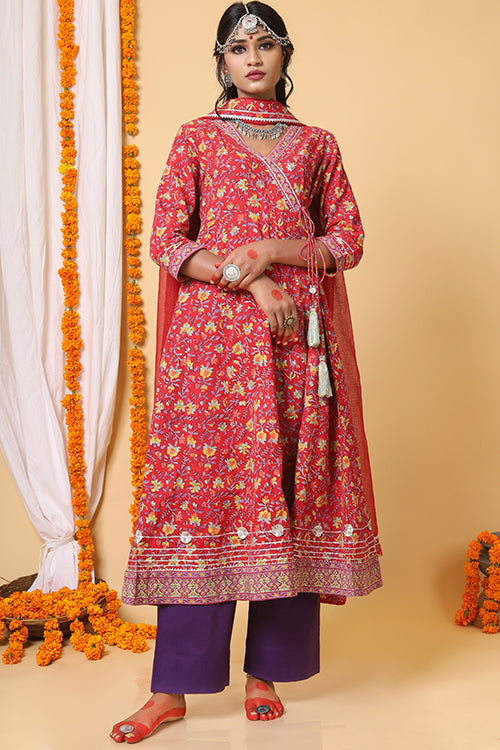 Shuddhi Red and Yellow Handblock Printed Anarkali with Kota Duppatta