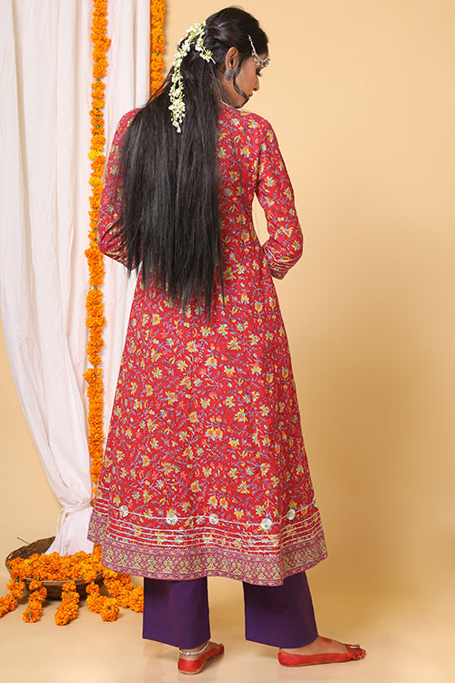 Shuddhi Red and Yellow Handblock Printed Anarkali with Kota Duppatta