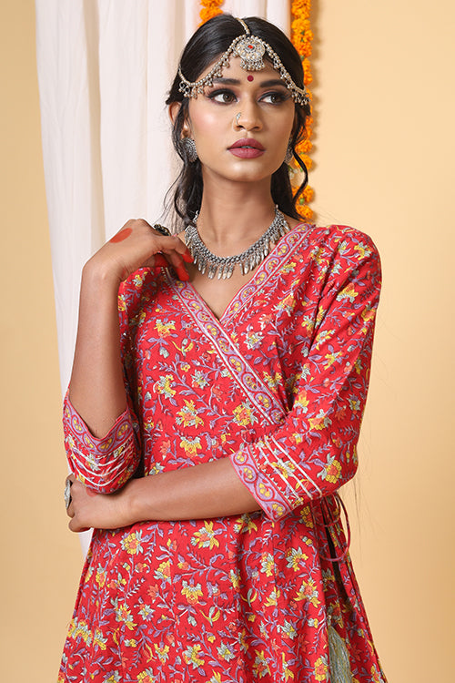 Shuddhi Red and Yellow Handblock Printed Anarkali with Kota Duppatta