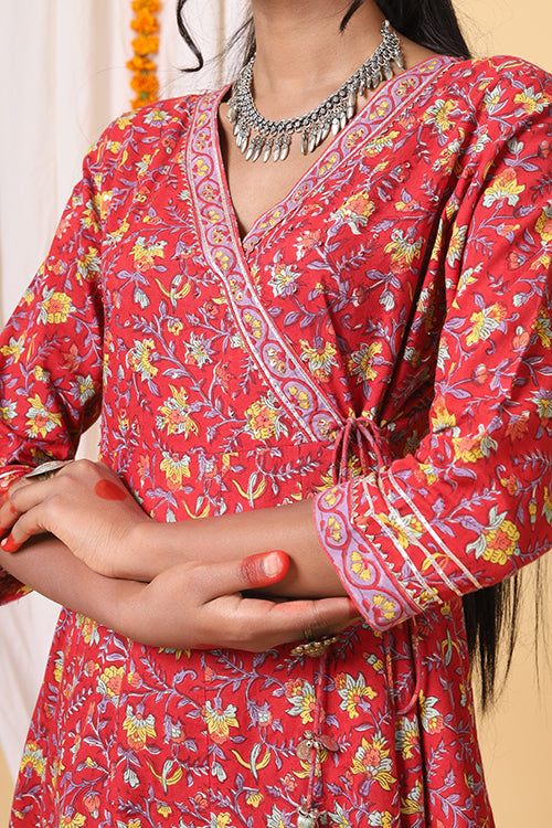 Shuddhi Red and Yellow Handblock Printed Anarkali with Kota Duppatta