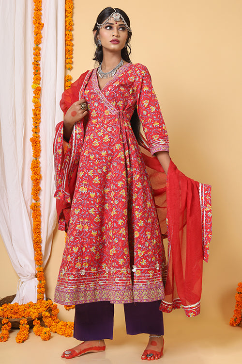 Red and Yellow Handblock Printed Cotton Anarkali Kurta For Women Online