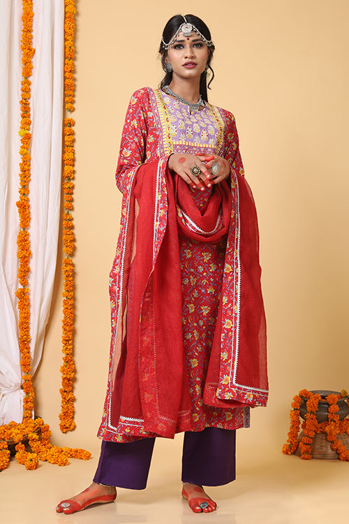 Shuddhi Red and Yellow Handblock Printed kurta with Kota Duppatta