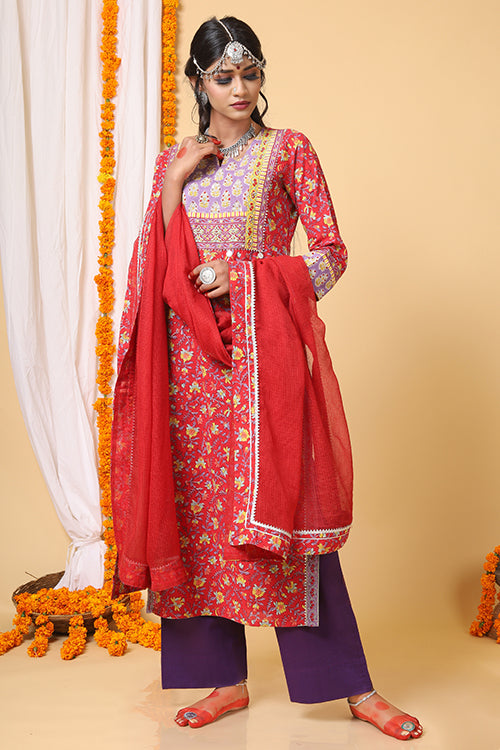 Shuddhi Red and Yellow Handblock Printed kurta with Kota Duppatta