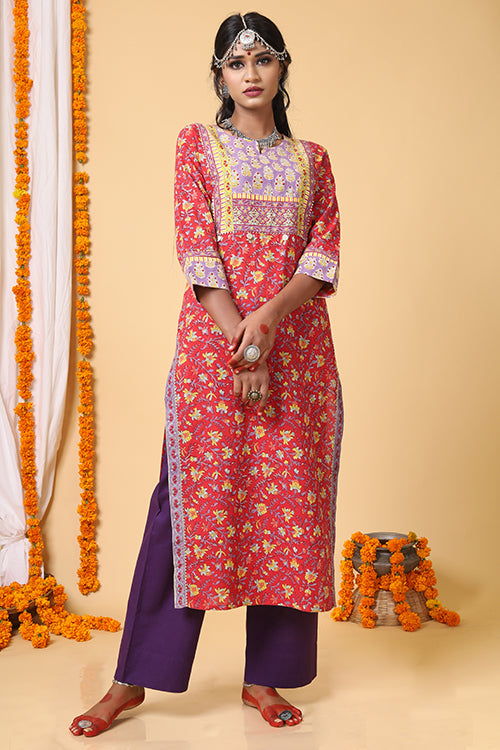 Shuddhi Red and Yellow Handblock Printed kurta with Kota Duppatta