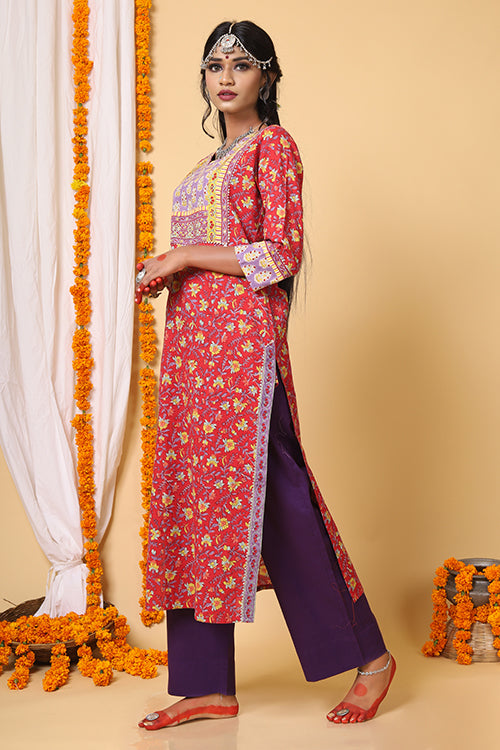 Shuddhi Red and Yellow Handblock Printed kurta with Kota Duppatta