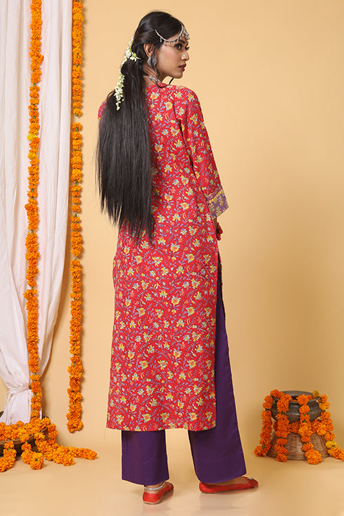 Shuddhi Red and Yellow Handblock Printed kurta with Kota Duppatta