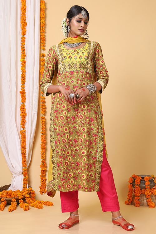 Shuddhi Mustard and Yellow Handblock Printed kurta With Bhandej Duppatta