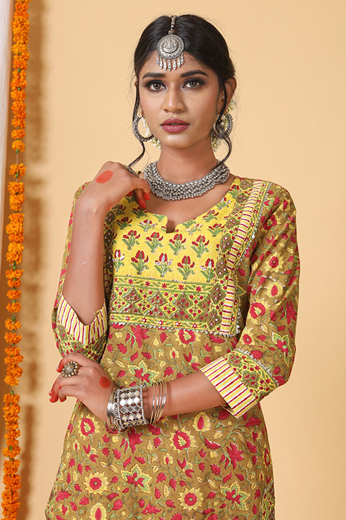 Shuddhi Mustard and Yellow Handblock Printed kurta With Bhandej Duppatta