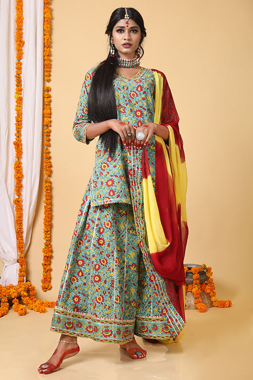 Sea Green & Red Block Printed Kurta and Duppatta Set For Women Online