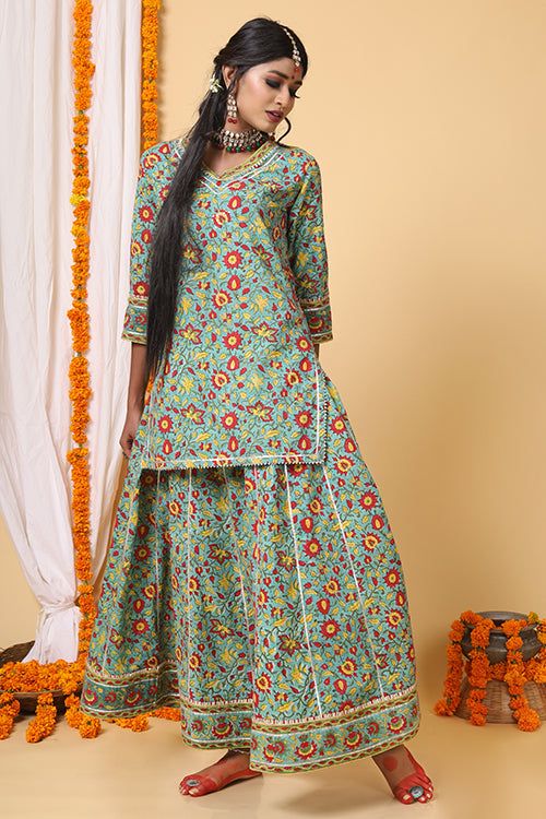 Shuddhi Sea Green and red handblock printed skirt, kurta and Duppatta set