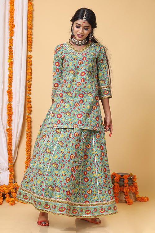 Shuddhi Sea Green and red handblock printed skirt, kurta and Duppatta set